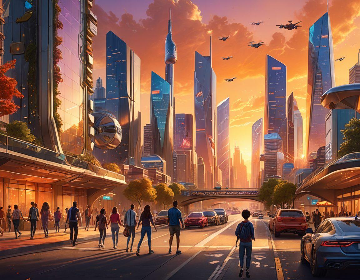 A futuristic city skyline at sunset, depicting diverse families joyfully engaging in various activities, surrounded by symbols of financial security like shields and gears. Incorporate elements of technological advancement like drones and smart devices, symbolizing protection and growth. Use warm, inviting colors to convey optimism and stability. super-realistic. vibrant colors.
