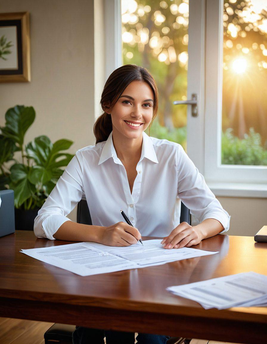 A serene and confident individual reviewing their insurance policy under a warm golden light, symbolizing security and future planning. In the background, subtle images of a family, home, and investments blend harmoniously, showcasing the comprehensive nature of insurance coverage. The atmosphere exudes calmness and assurance, inviting viewers to reflect on their own financial protection journey. super-realistic. vibrant colors. soft focus.