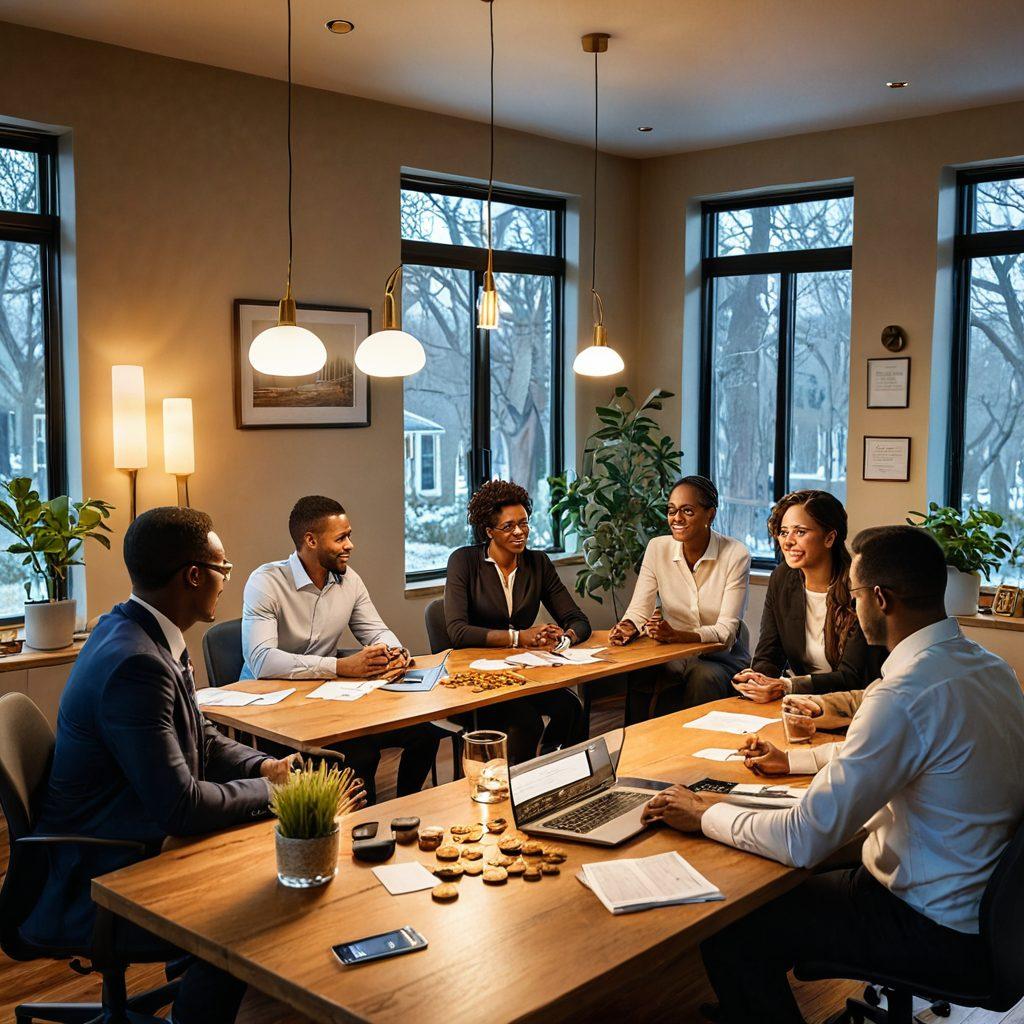 A calm and reassuring scene depicting a diverse group of people discussing insurance options in a cozy office, surrounded by symbols of financial security such as a safety net, stacks of coins, and a solid house structure. The atmosphere conveys warmth and trust. Soft natural lighting enhances the approachable feel. super-realistic. vibrant colors. cozy ambiance.